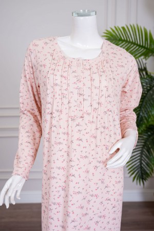 قميص نسائي طويل لون خربزي مشجر ياقة دائرية بأزرار و بأكمام طويلة