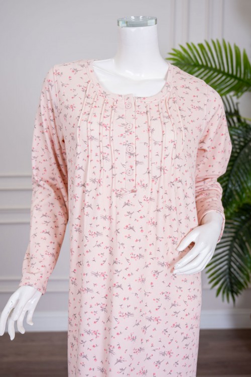 قميص نسائي طويل لون خربزي مشجر ياقة دائرية بأزرار و بأكمام طويلة