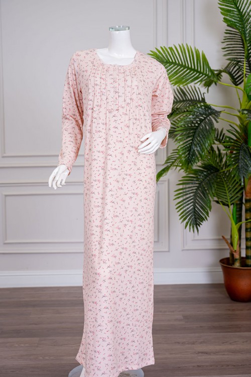 قميص نسائي طويل لون خربزي مشجر ياقة دائرية بأزرار و بأكمام طويلة