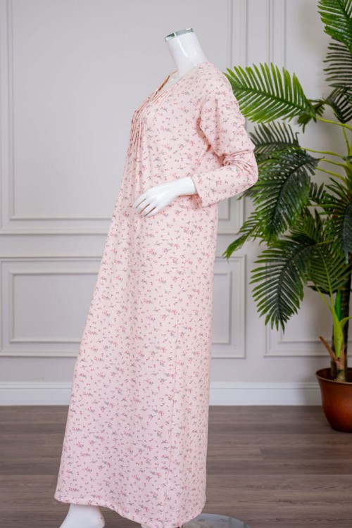 قميص نسائي طويل لون خربزي مشجر ياقة دائرية بأزرار و بأكمام طويلة