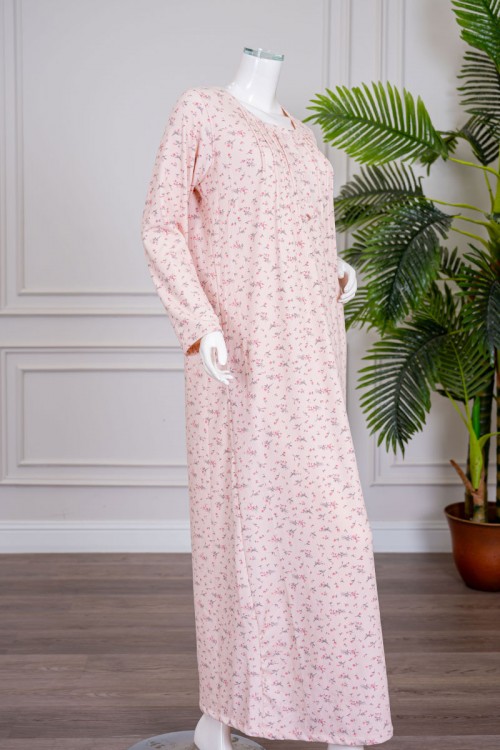 قميص نسائي طويل لون خربزي مشجر ياقة دائرية بأزرار و بأكمام طويلة