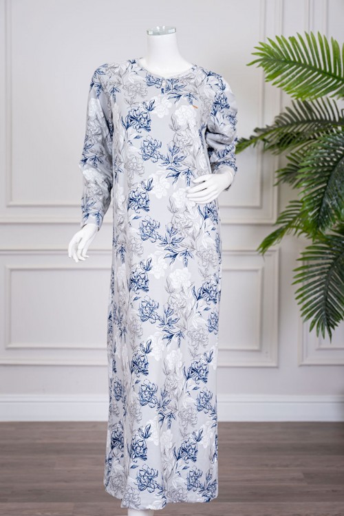 قميص نسائي طويل لون رمادي فاتح مشجر باللون الأبيض و الكحلي ياقة دائرية و بأكمام طويلة