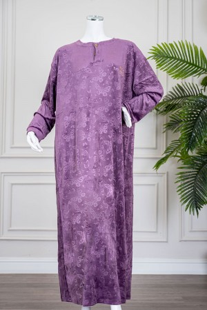 قميص نسائي شتوي طويل لون موف مزين بنقوش الفراشات ياقة دائرية بأزرار و بأكمام طويلة