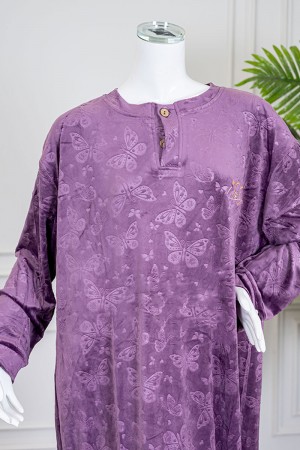 قميص نسائي شتوي طويل لون موف مزين بنقوش الفراشات ياقة دائرية بأزرار و بأكمام طويلة