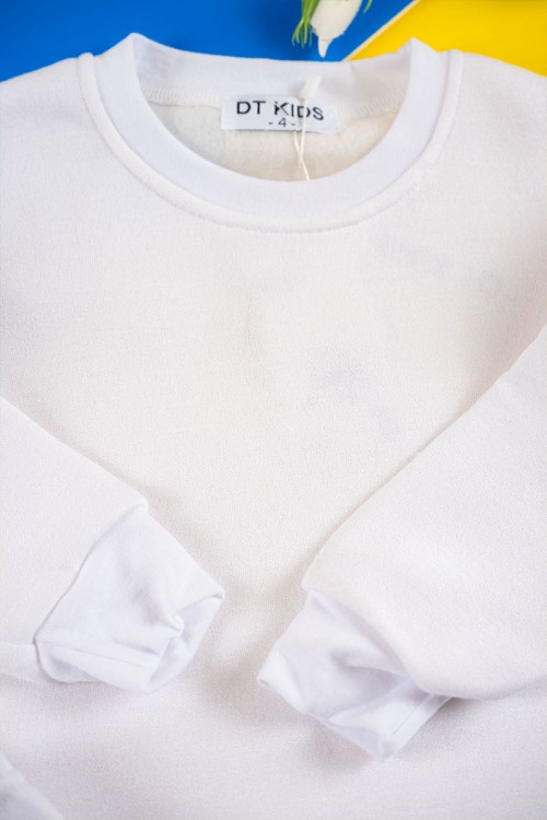 بيجاما أطفال شتوي قطعتين لون أبيض بلوزة بياقة دائرية و أكمام طويلة مع بنطلون طويل