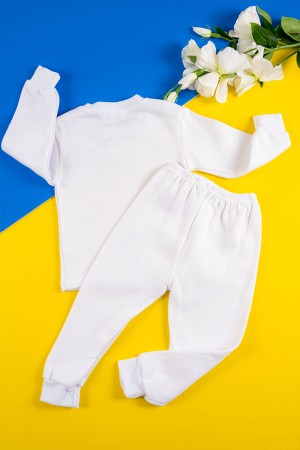 بيجاما أطفال شتوي قطعتين لون أبيض بلوزة بياقة دائرية و أكمام طويلة مع بنطلون طويل 