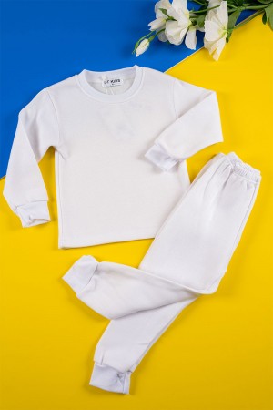 بيجاما أطفال شتوي قطعتين لون أبيض بلوزة بياقة دائرية و أكمام طويلة مع بنطلون طويل 