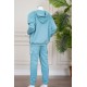 طقم بناتي شتوي قطعتين لون تركواز هودي بقبعة متصلة و بجيوب الكنغر و أكمام طويلة مع بنطلون طويل بجيوب من الجانبين