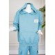 طقم بناتي شتوي قطعتين لون تركواز هودي بقبعة متصلة و بجيوب الكنغر و أكمام طويلة مع بنطلون طويل بجيوب من الجانبين