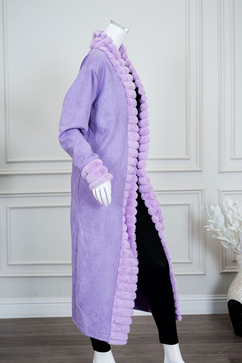 فروة نسائية شتوية طويلة لون موف مزينة بالفرو في الأطراف