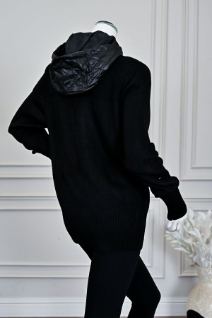 بلوزة نسائي شتوي أسود بسحاب أمامي وقبعة وجيوب مبطنة بنقشة مربعات