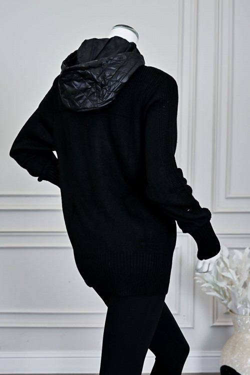 بلوزة نسائي شتوي أسود بسحاب أمامي وقبعة وجيوب مبطنة بنقشة مربعات