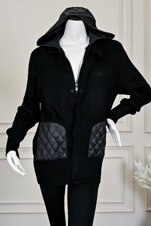 بلوزة نسائي شتوي أسود بسحاب أمامي وقبعة وجيوب مبطنة بنقشة مربعات