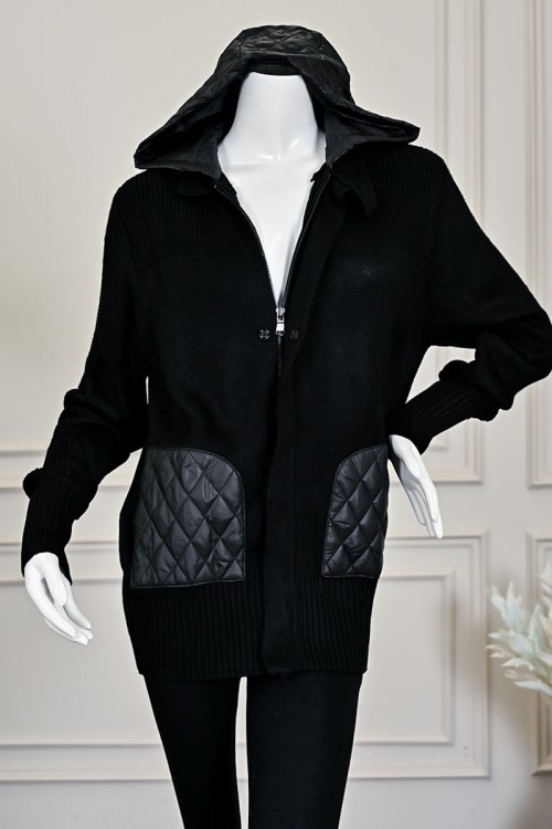 بلوزة نسائي شتوي أسود بسحاب أمامي وقبعة وجيوب مبطنة بنقشة مربعات