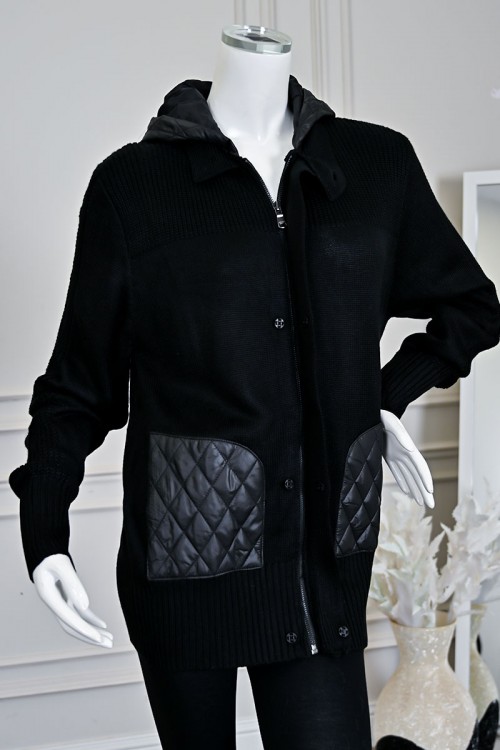 بلوزة نسائي شتوي أسود بسحاب أمامي وقبعة وجيوب مبطنة بنقشة مربعات