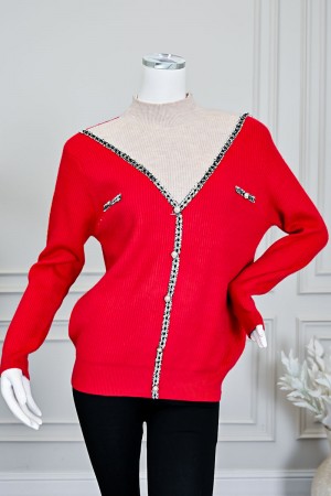 بلوزة نسائية شتوية حمراء بأزرار أمامية مع قطعة داخلية بيج