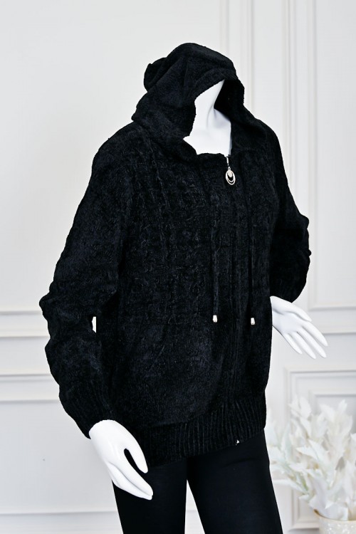 بلوزة نسائية شتوية صوف سوداء بقبعة وسحاب أمامي