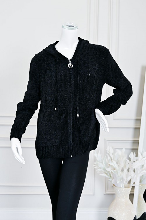 بلوزة نسائية شتوية صوف سوداء بقبعة وسحاب أمامي