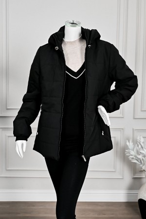 جاكيت نسائي شتوي أسود بقبعة ثابتة مزينة بفرو بسحاب وجيوب أمامية