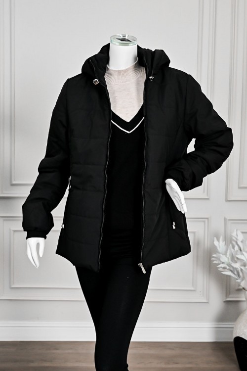 جاكيت نسائي شتوي أسود بقبعة ثابتة مزينة بفرو بسحاب وجيوب أمامية