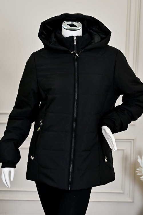 جاكيت نسائي شتوي أسود بقبعة ثابتة مزينة بفرو بسحاب وجيوب أمامية