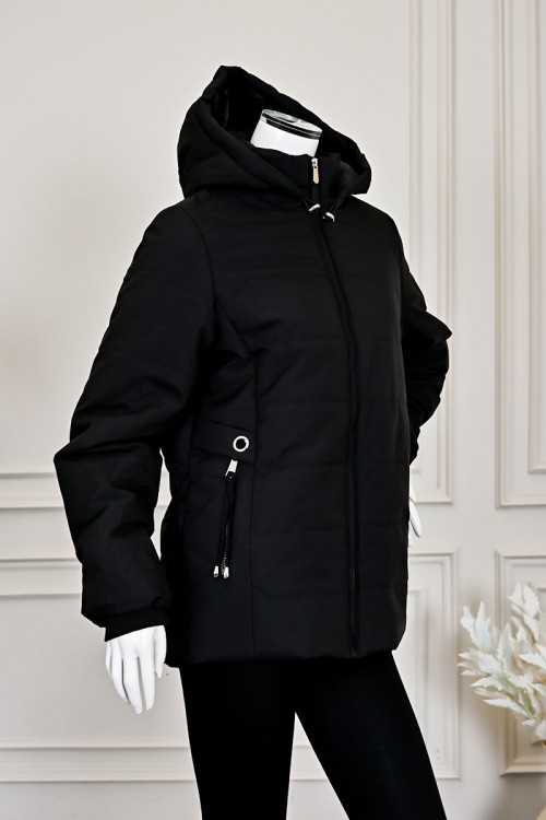 جاكيت نسائي شتوي أسود بقبعة ثابتة مزينة بفرو بسحاب وجيوب أمامية