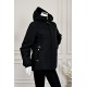 جاكيت نسائي شتوي أسود بقبعة ثابتة مزينة بفرو بسحاب وجيوب أمامية