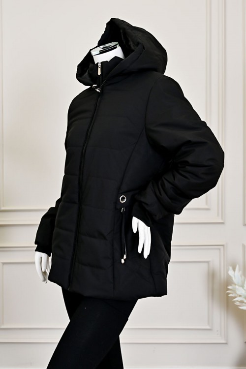 جاكيت نسائي شتوي أسود بقبعة ثابتة مزينة بفرو بسحاب وجيوب أمامية