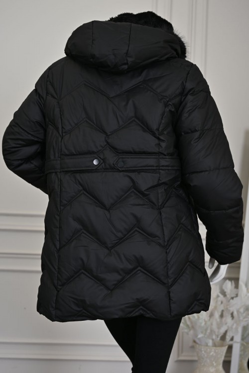 جاكيت نسائي شتوي لون أسود بقبعة منفصلة بفرو قابلة للتركيب و بسحاب و جيوب من الأمام