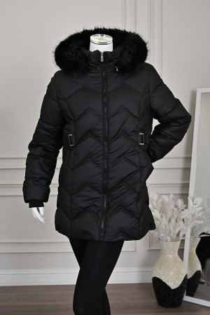 جاكيت نسائي شتوي لون أسود بقبعة منفصلة بفرو قابلة للتركيب و بسحاب و جيوب من الأمام