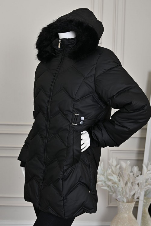 جاكيت نسائي شتوي لون أسود بقبعة منفصلة بفرو قابلة للتركيب و بسحاب و جيوب من الأمام