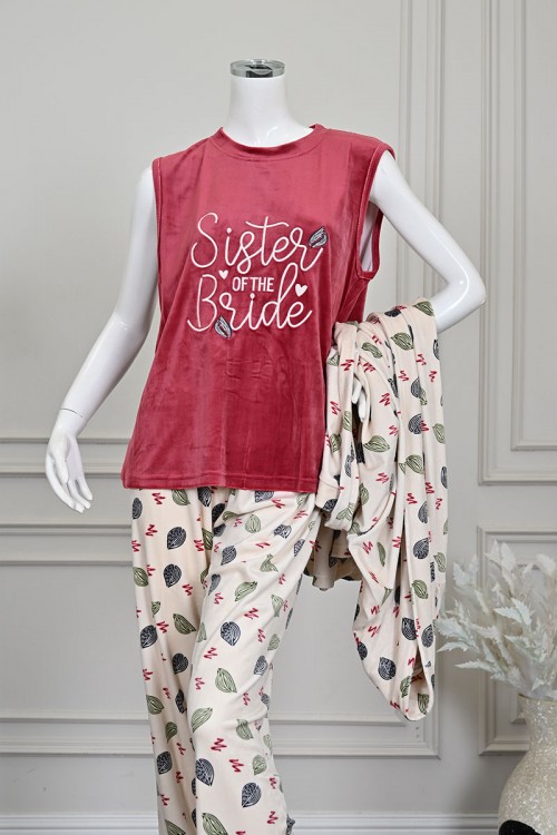 بيجاما نسائية شتوية 3 قطع بلوزة داخلية لون وردي بياقة دائرية بدون أكمام