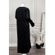 قميص نسائي طويل شتوي لون أسود مزين بنقوش و كتابة ياقة دائرية بأزرار من الأمام و بأكمام طويلة