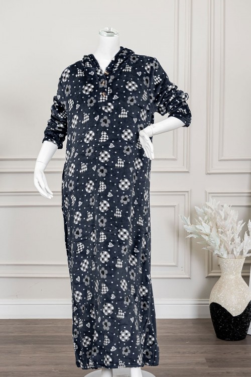 قميص نسائي طويل شتوي لون كحلي  منقط و مزين برسومات ياقة بقبعة متصلة و أزرار من الأمام و بأكمام طويلة