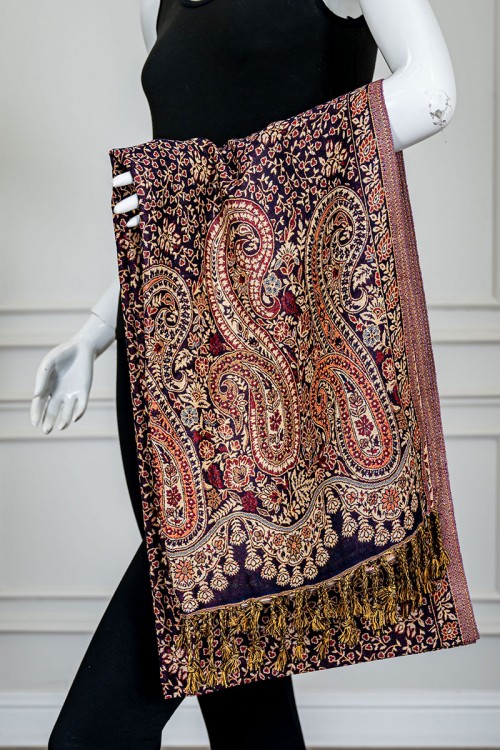 شال كشميري نسائي لون موف بنقوش ملونة