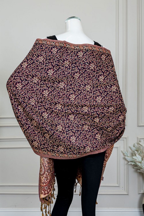 شال كشميري نسائي لون موف بنقوش ملونة