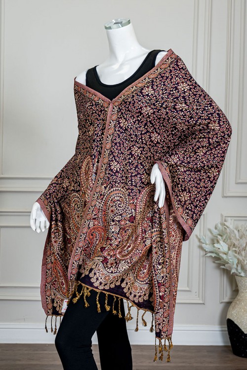 شال كشميري نسائي لون موف بنقوش ملونة