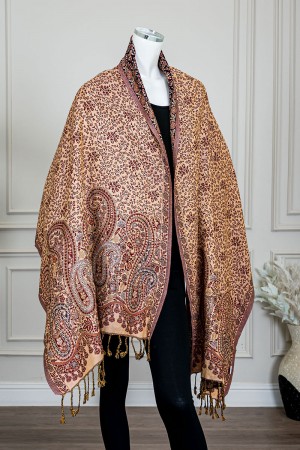 شال كشميري نسائي لون موف بنقوش ملونة