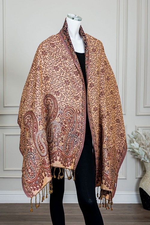 شال كشميري نسائي لون موف بنقوش ملونة