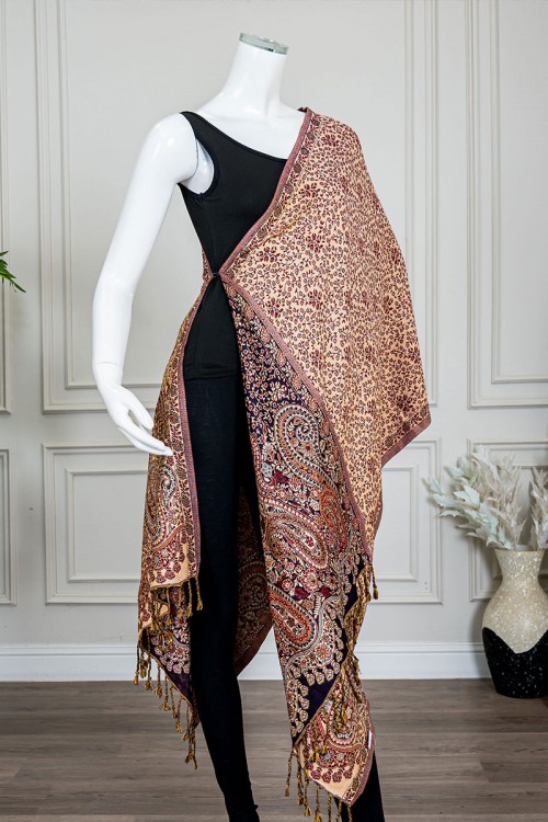 شال كشميري نسائي لون موف بنقوش ملونة