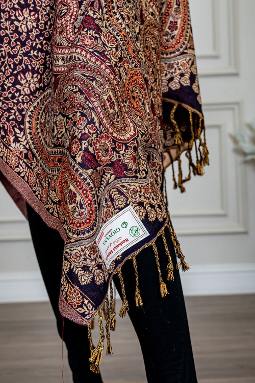 شال كشميري نسائي لون موف بنقوش ملونة