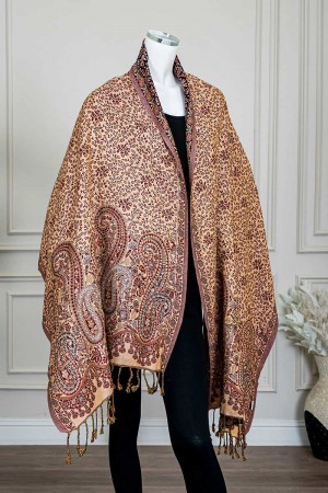 شال كشميري نسائي لون موف بنقوش ملونة
