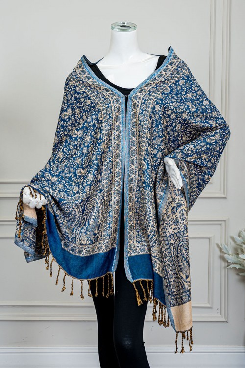 شال كشميري نسائي لون أزرق بنقوش باللون البيج