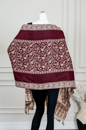 شال كشميري نسائي لون عودي بنقوش باللون البيج 