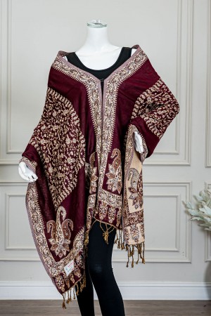 شال كشميري نسائي لون عودي بنقوش باللون البيج 