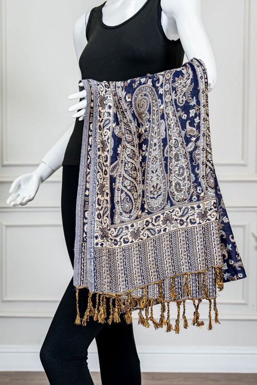 شال كشميري نسائي لون كحلي بنقوش ملونة