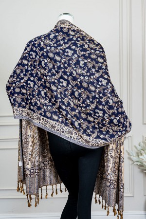 شال كشميري نسائي لون كحلي بنقوش ملونة