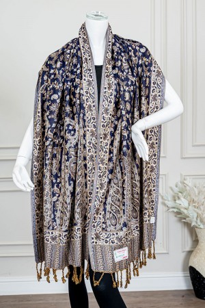 شال كشميري نسائي لون كحلي بنقوش ملونة