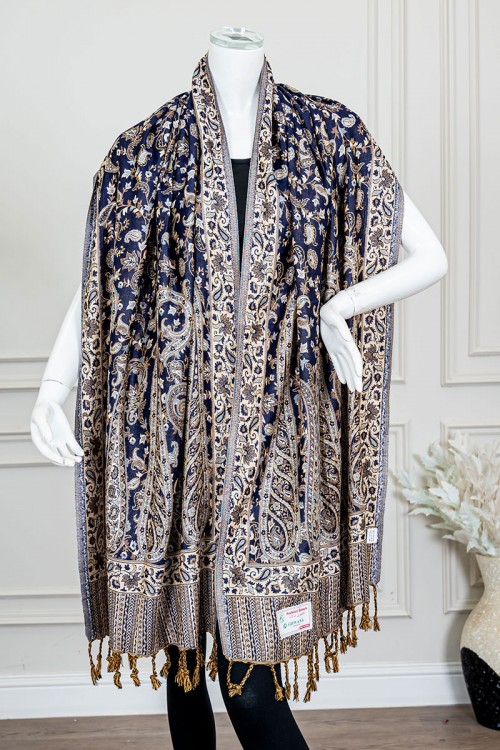 شال كشميري نسائي لون كحلي بنقوش ملونة