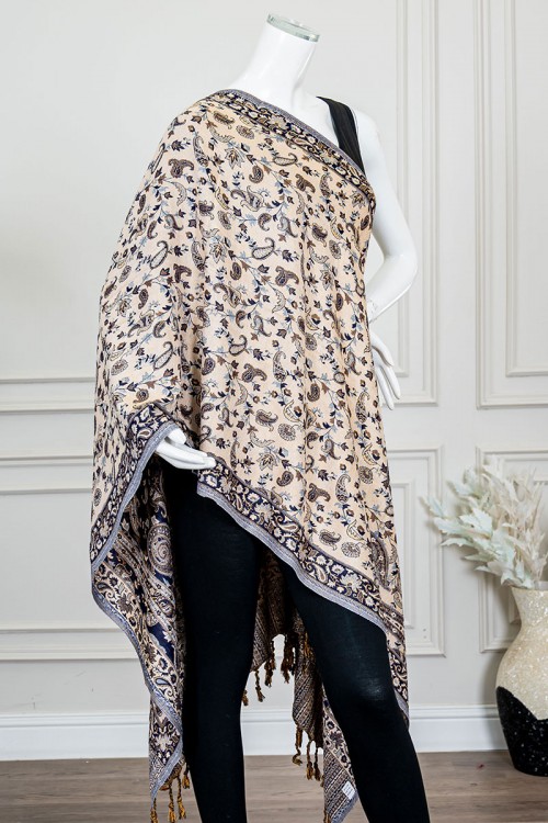 شال كشميري نسائي لون كحلي بنقوش ملونة